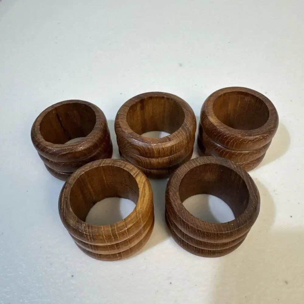 VTG Set of Five (5) MCM Ribbed Wooden Napkin Holders Round Shape 70’s Teak Wood